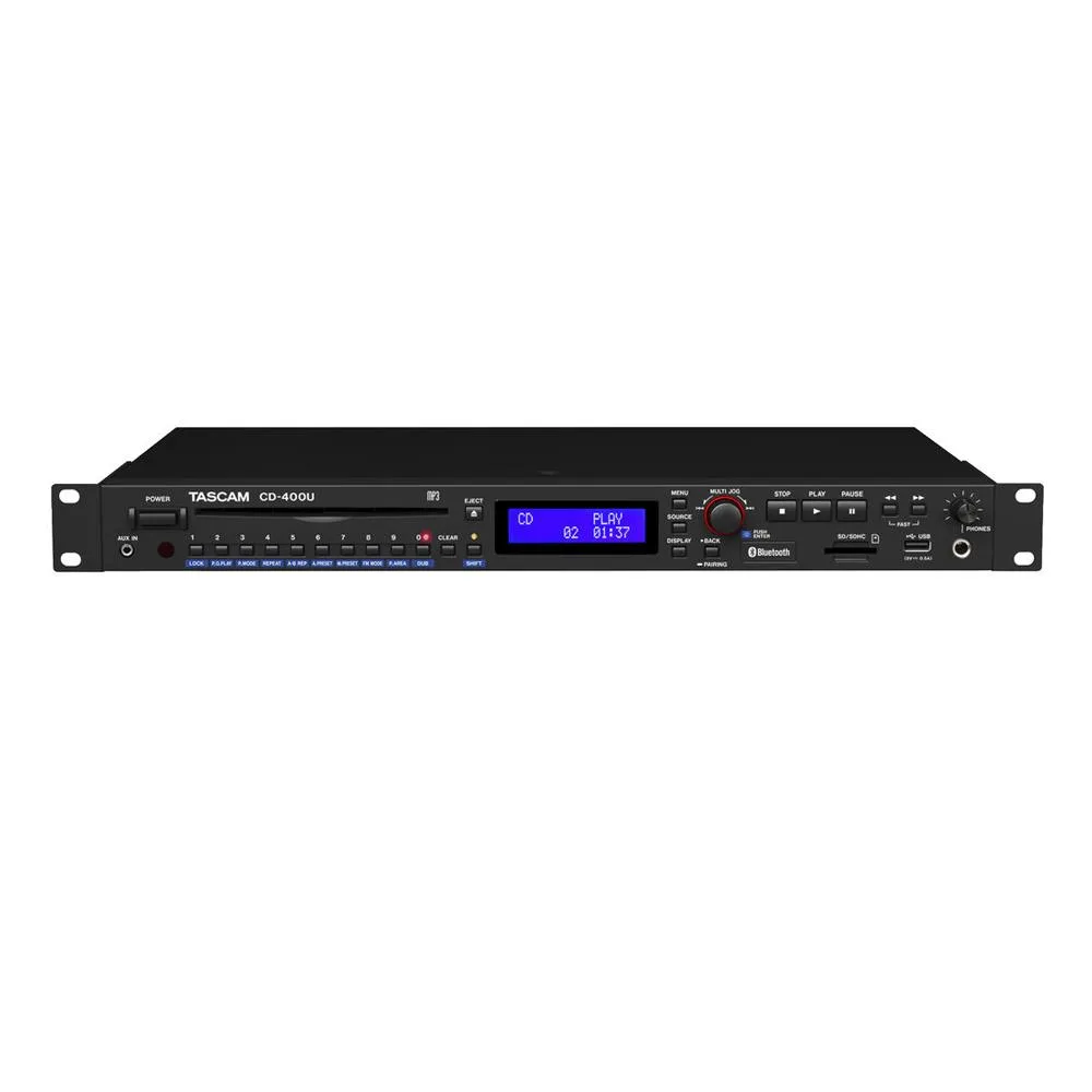 TASCAM CD-400U silver rackmount media player with front display and controls