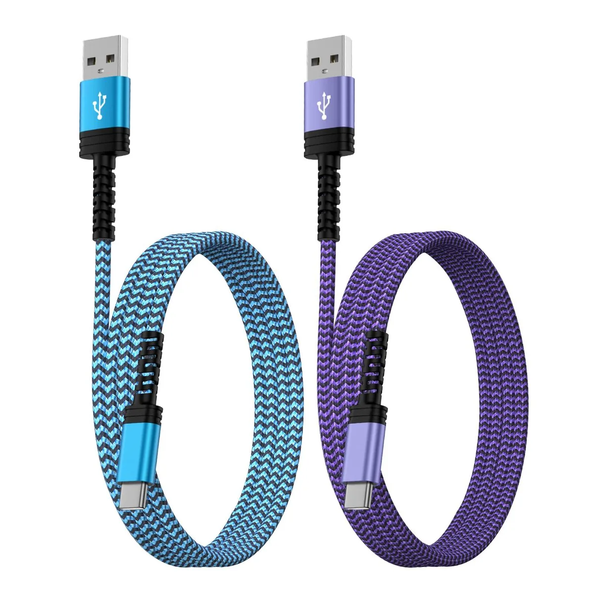 Two multicoloured USB-C cables, male-to-male, three feet long