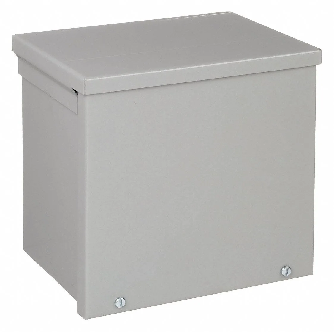 Gray galvanized steel electrical enclosure with screw-on solid cover and captive screws, wall-mountable, 6 by 6 by 4 inches