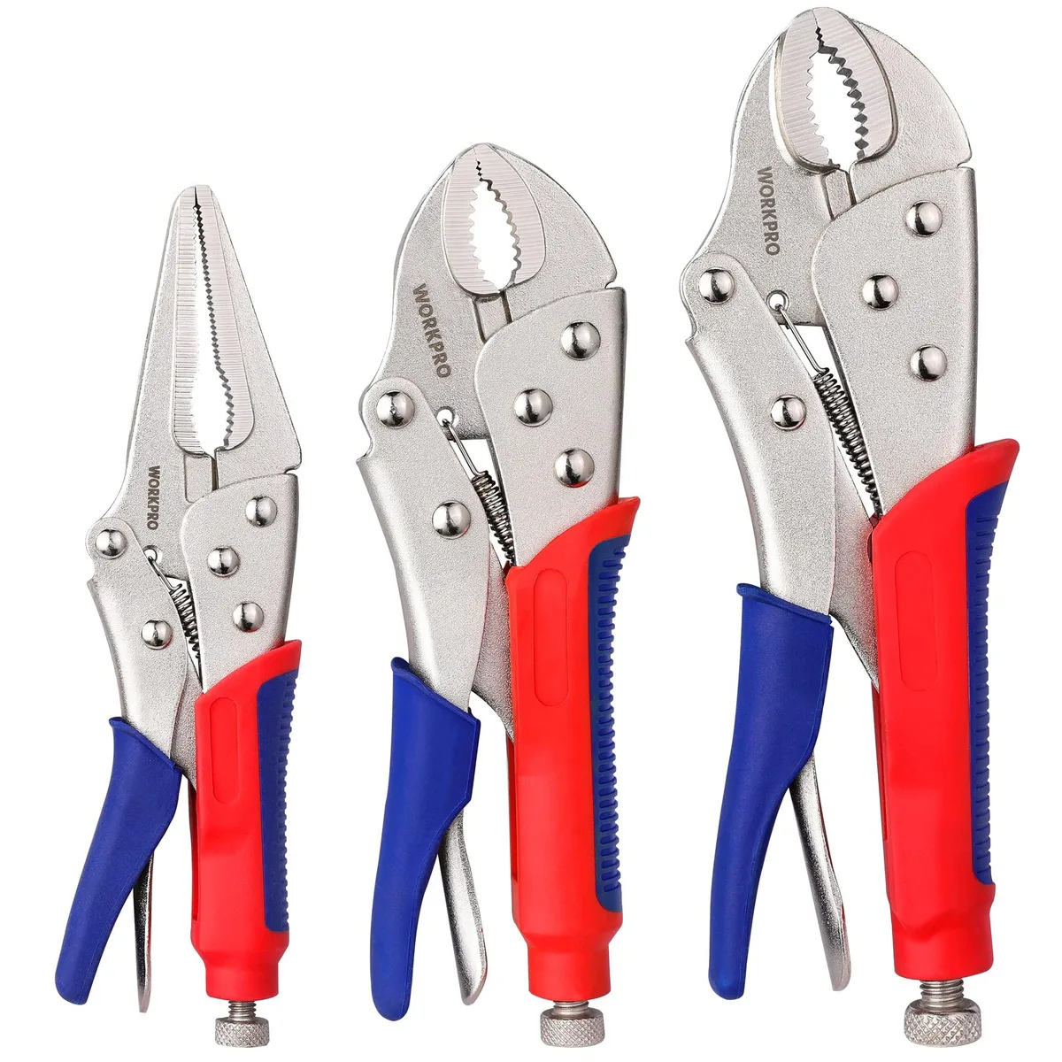 Three locking pliers on a surface, two curved jaw and one long nose, dual-colour rubber handles, chrome vanadium steel finish