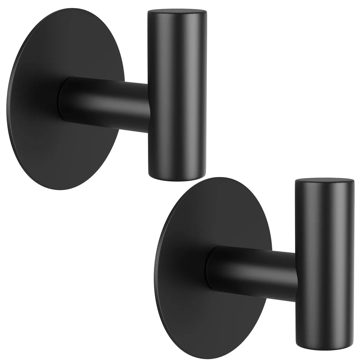 Two black stainless steel adhesive hooks, sleek rectangular form, matte finish