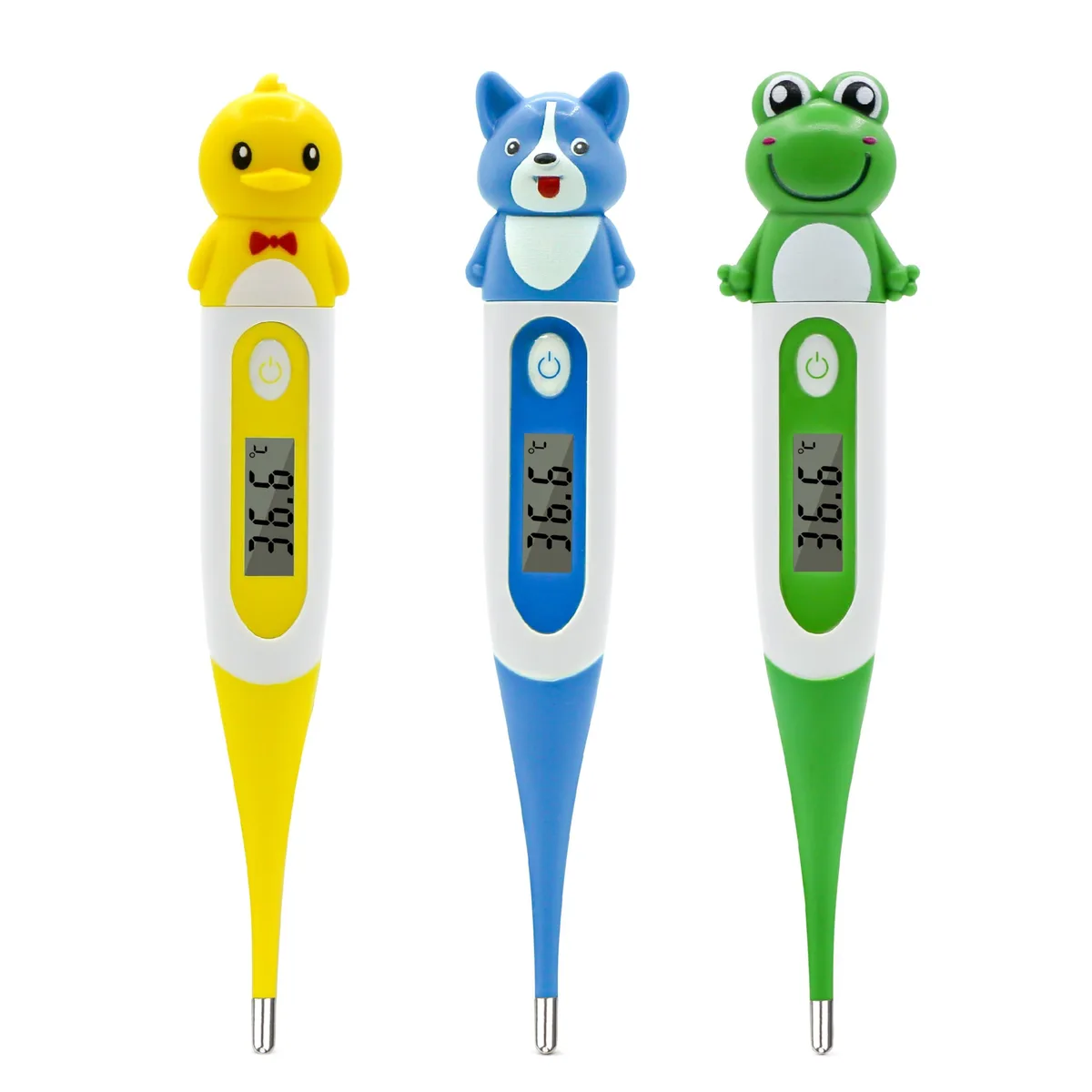 Three digital stick thermometers in assorted cartoon colours, each with a flexible tip and small LCD window