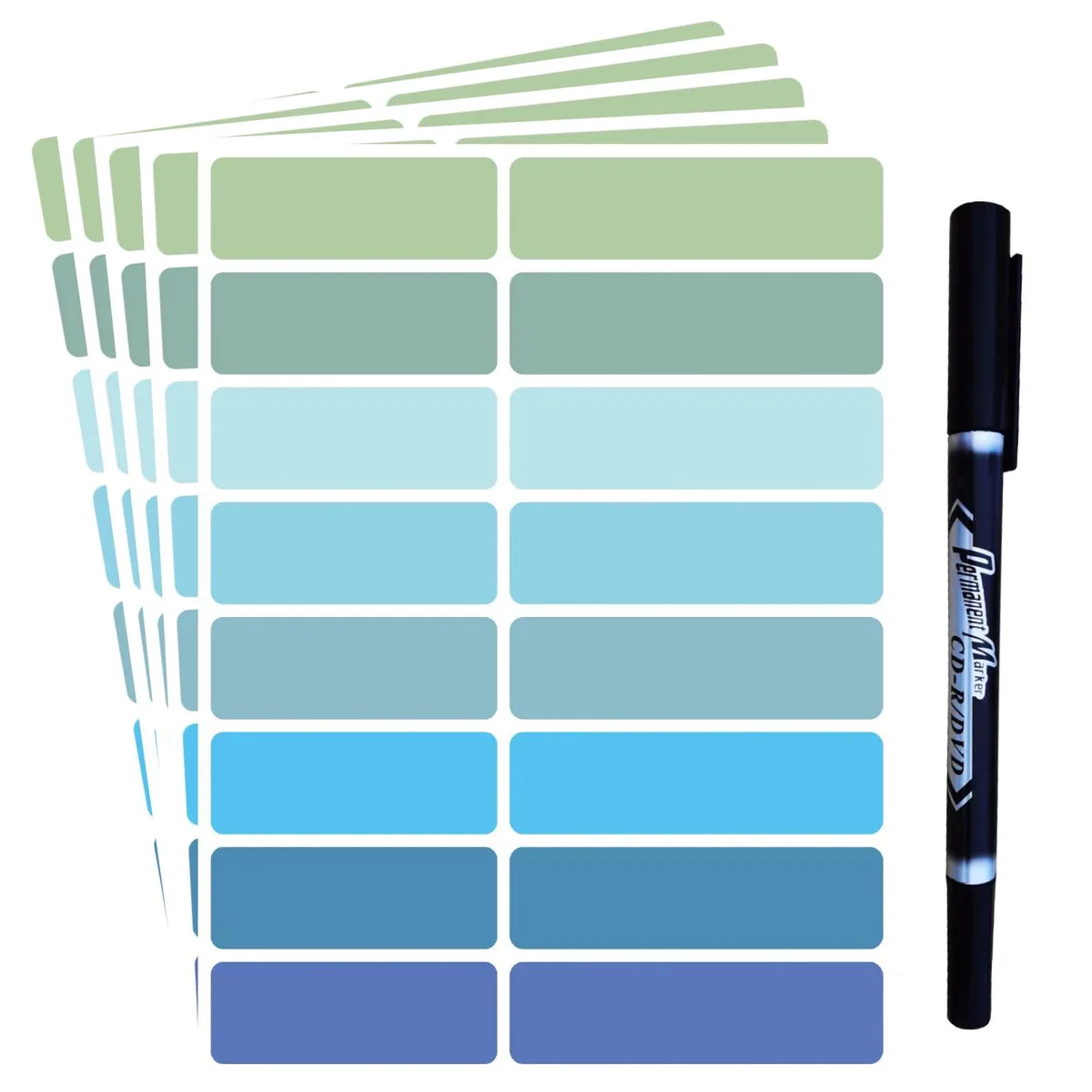 Blue rectangular label sheets with a black pen in a reusable bag