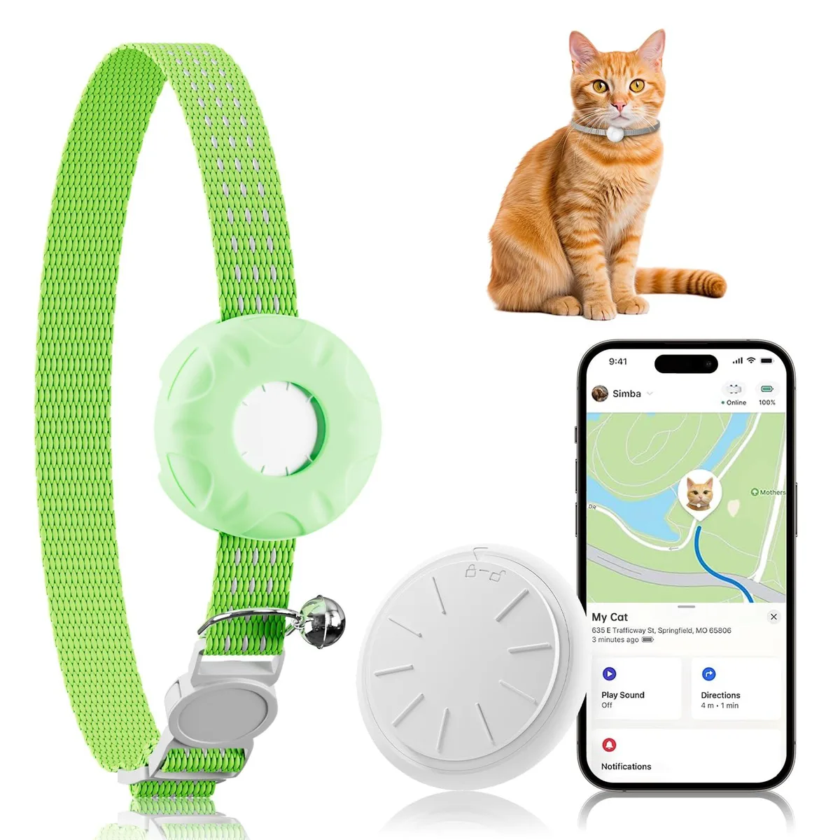  PAW Cat GPS Tracker Apple Find My White Tracker Green Collar .2 oz 7.87-13 in 250 ft IPX7 CR2032 — product photo