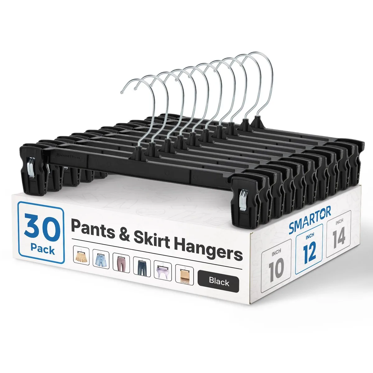 Thirty black plastic pants hangers with metal clips and chrome swivel hooks
