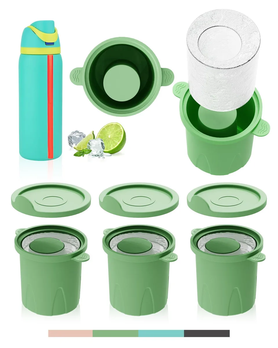 Three green silicone ice molds with off-centre straw holes and thumb tabs