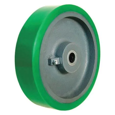 Green polyurethane caster wheel with iron core, 8 inch diameter, 2 inch width, roller bearing hub