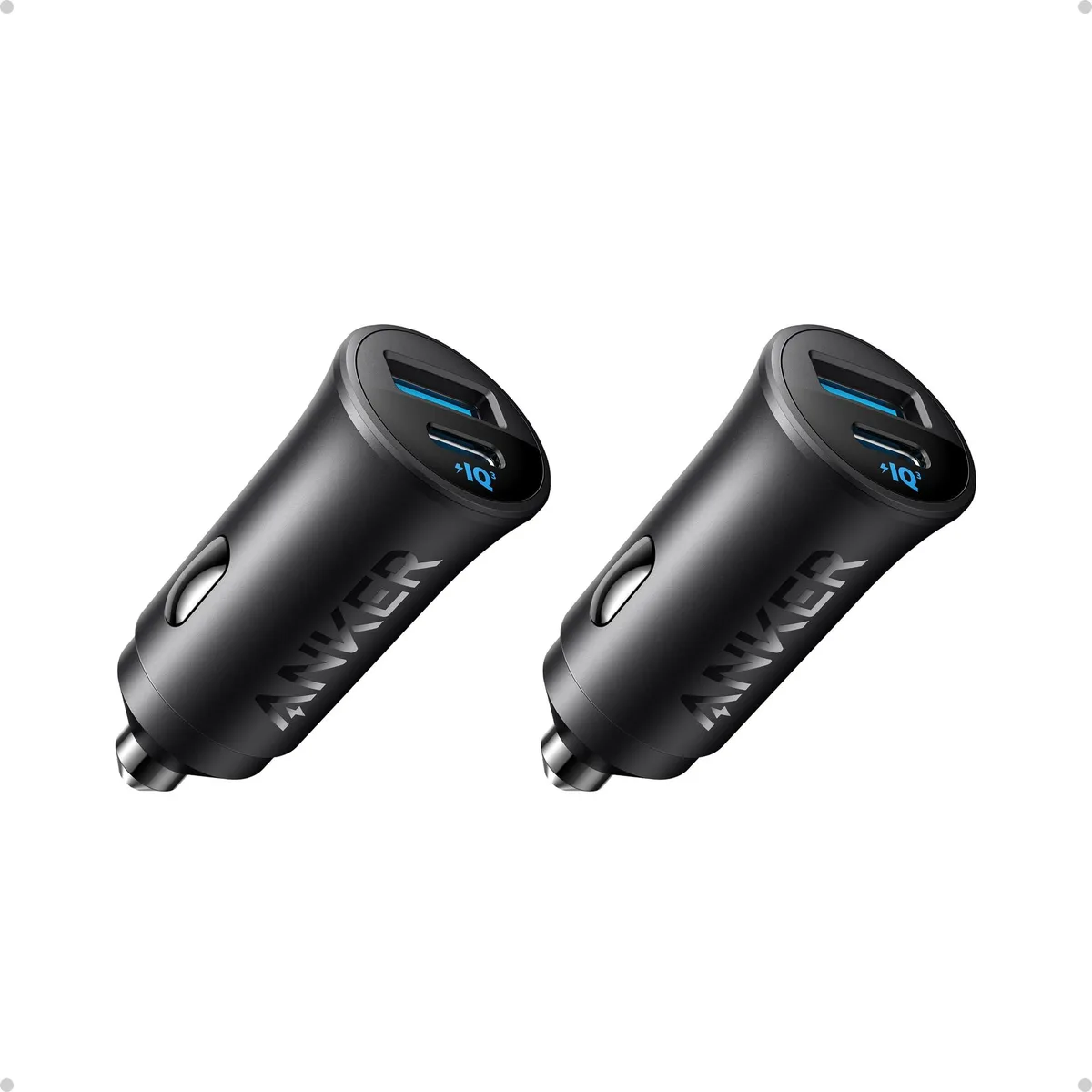 Two compact black car chargers with USB-C and USB-A ports