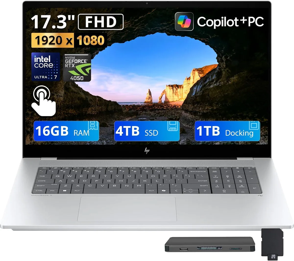 HP HP OmniBook X 17.3" FHD Touchscreen Intel Core Ultra 7 256V 16GB DDR5 4TB SSD RTX 4050 Silver business laptop — product photo