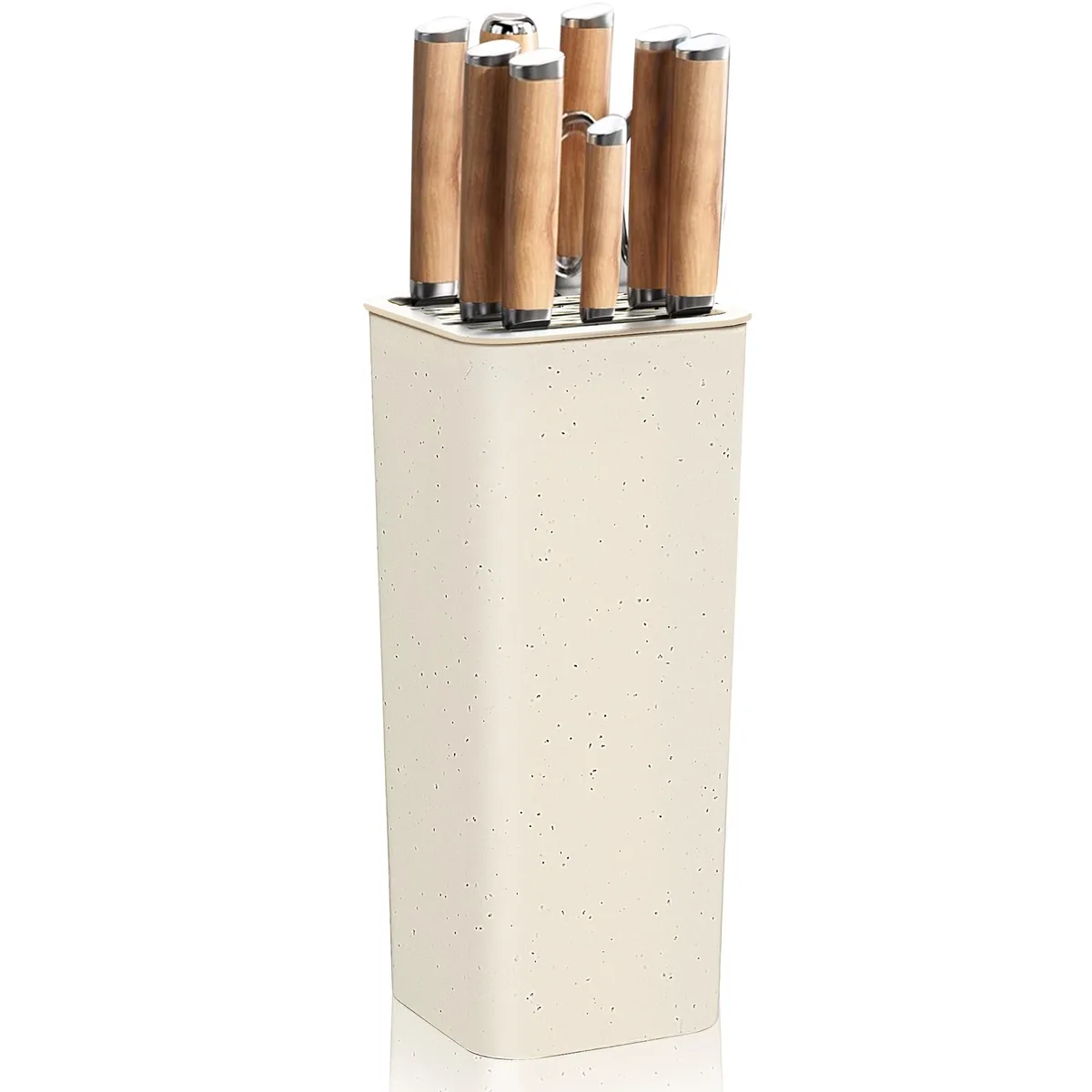 A compact knife block with wavy slots and a detachable top for cleaning