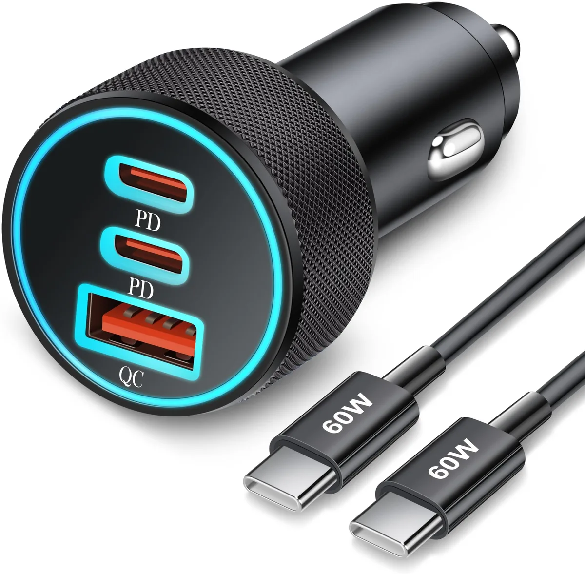 Black car charger with three USB ports and a coiled USB-C cable