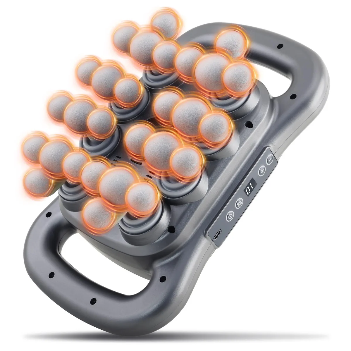 Blue massage gun set with 28 interchangeable heads, dark grey carry case