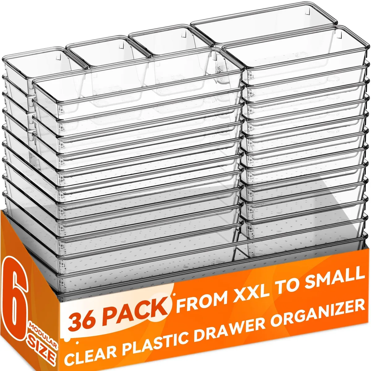 36 clear plastic drawer bins in six sizes with red non-slip pads