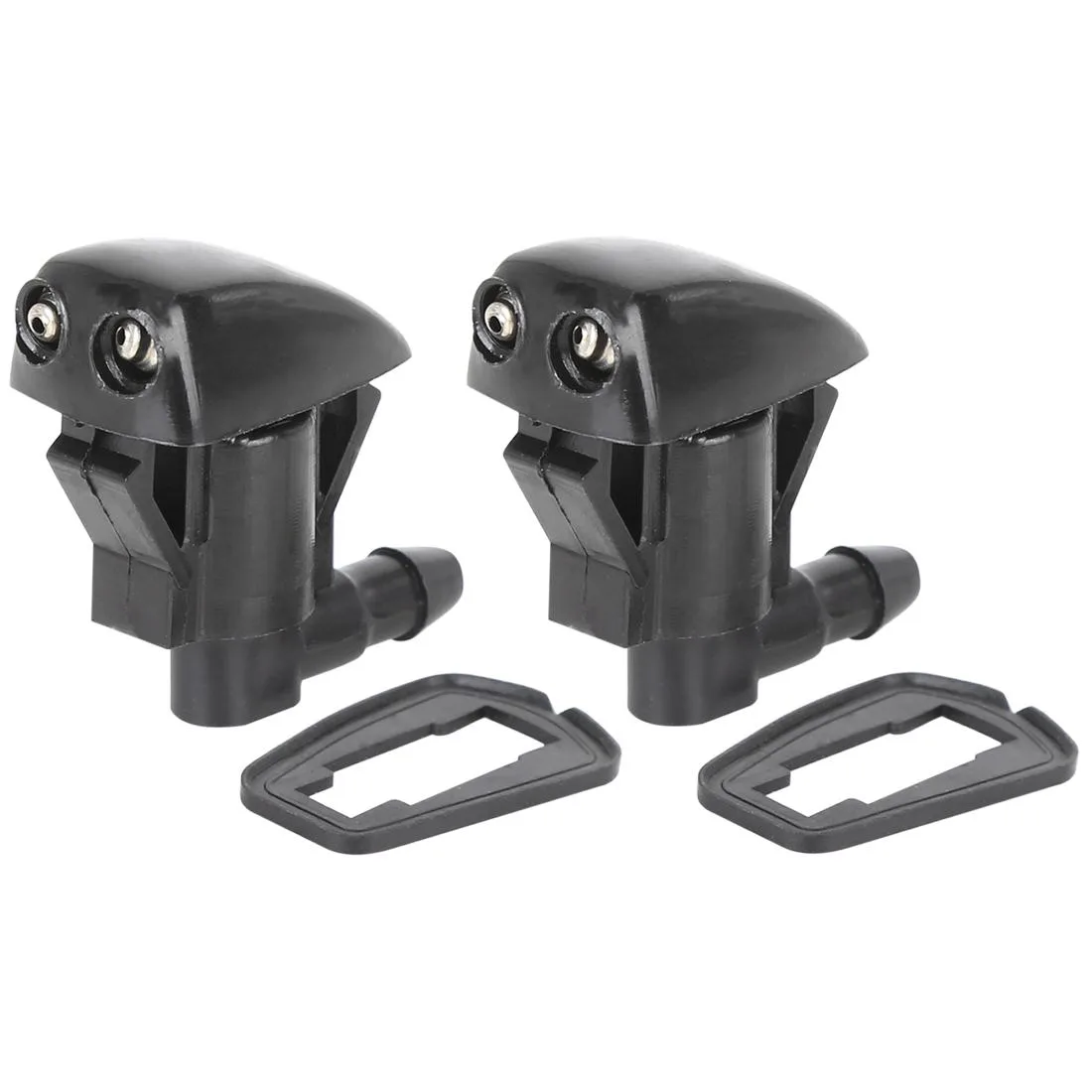 Two small black plastic and rubber windshield washer nozzles with double spray holes