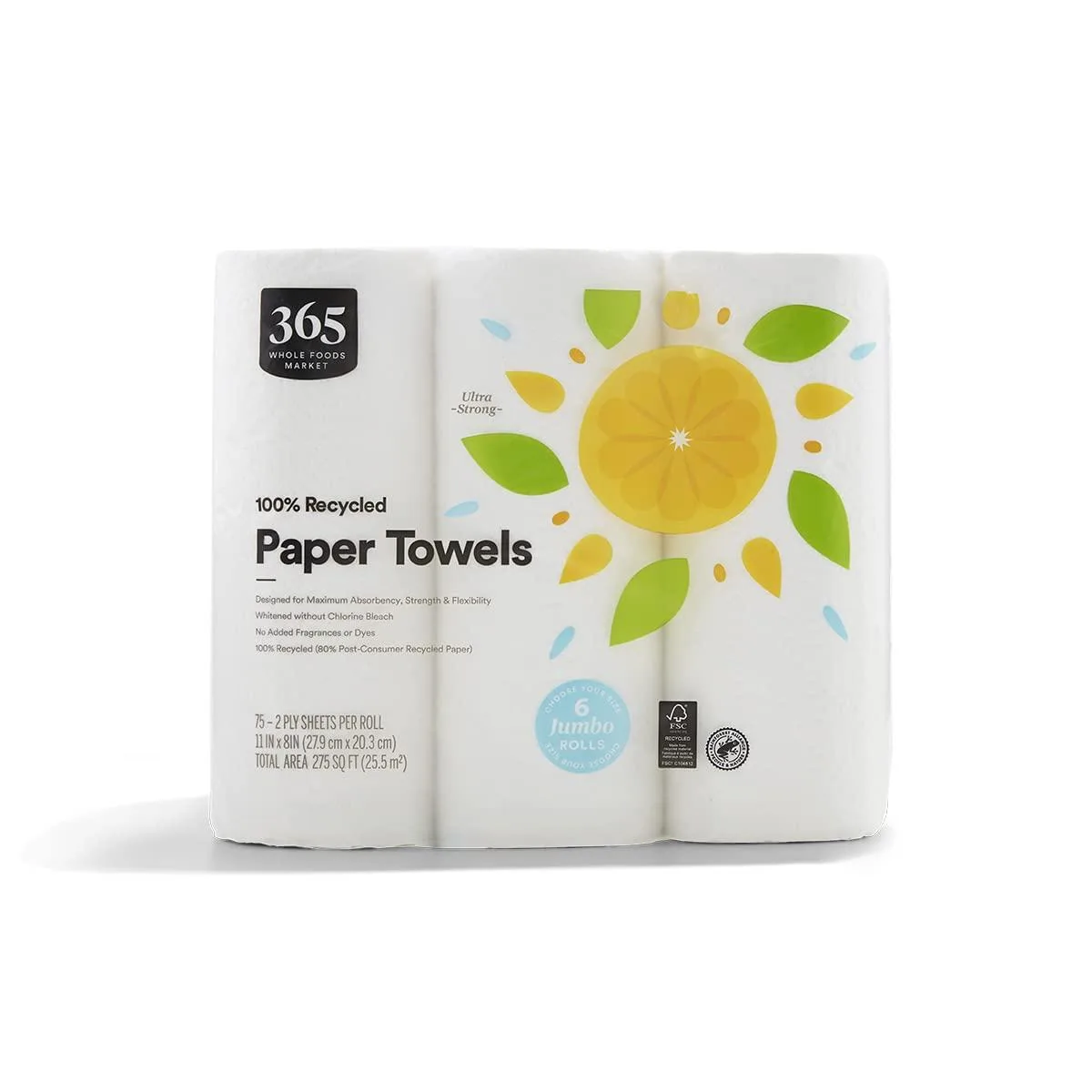 Six natural-colour recycled paper towel rolls, 2-ply sheets visible