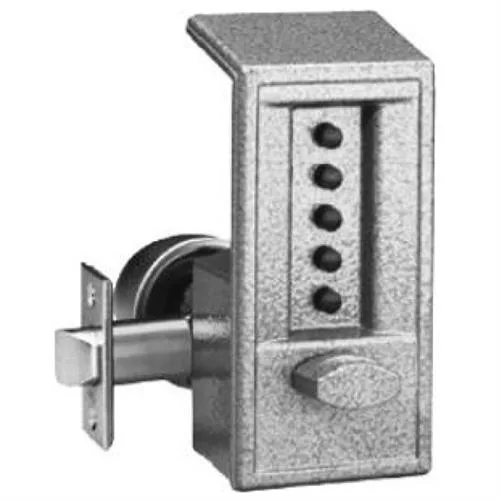 Gray mechanical pushbutton combination door lock, rectangular front housing, no key cylinder visible