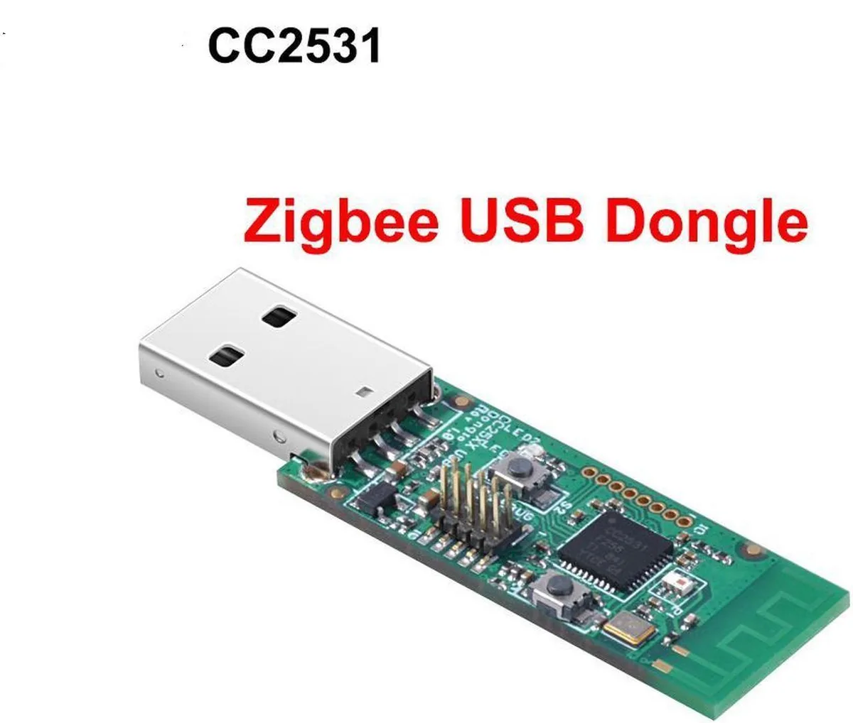 Three bare CC2531 USB dongles on green PCBs with two buttons and LEDs each