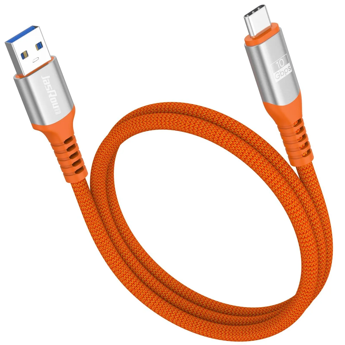 Orange USB-A to USB-C cable with braided nylon jacket and aluminium connector housings, 3 ft long
