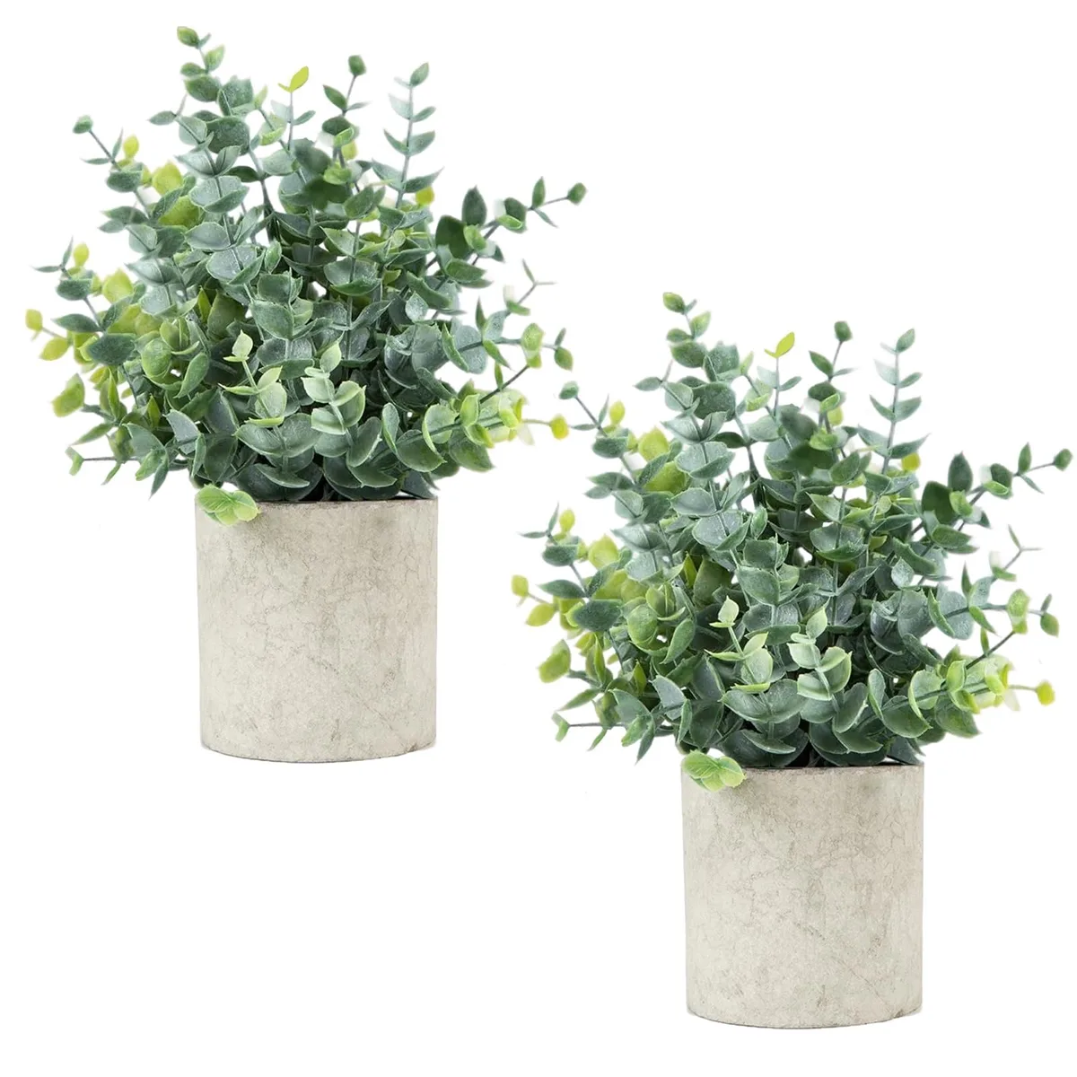 Two small potted artificial eucalyptus plants in sage green, grey paper pulp pots