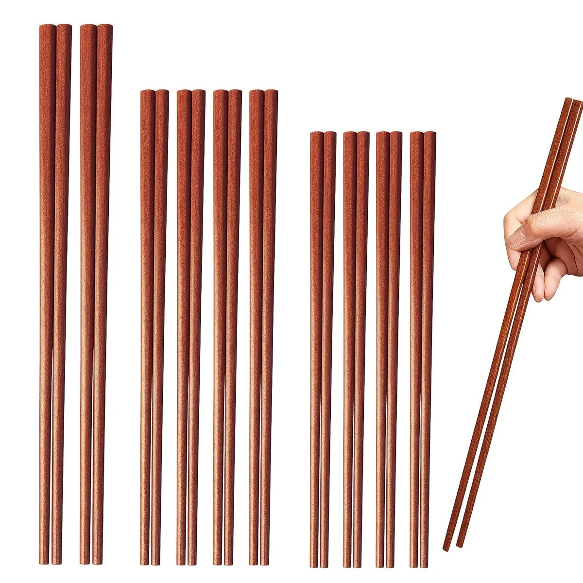 Three pairs of black wooden cooking chopsticks in lengths 12.6", 9.8", 7.1