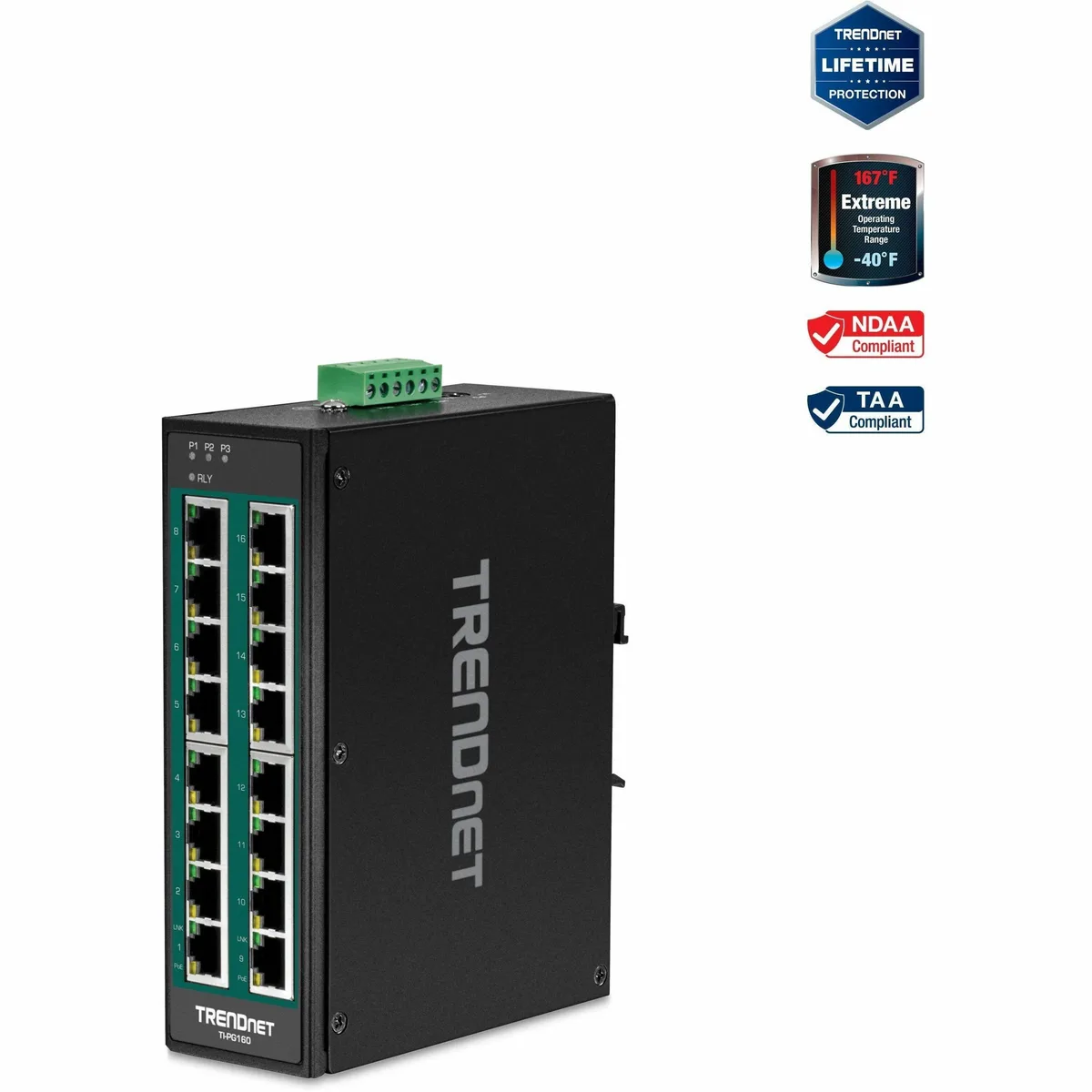 TRENDnet TRENDnet TI-PG160 16-port hardened industrial Gigabit PoE+ DIN-rail network switch — product photo