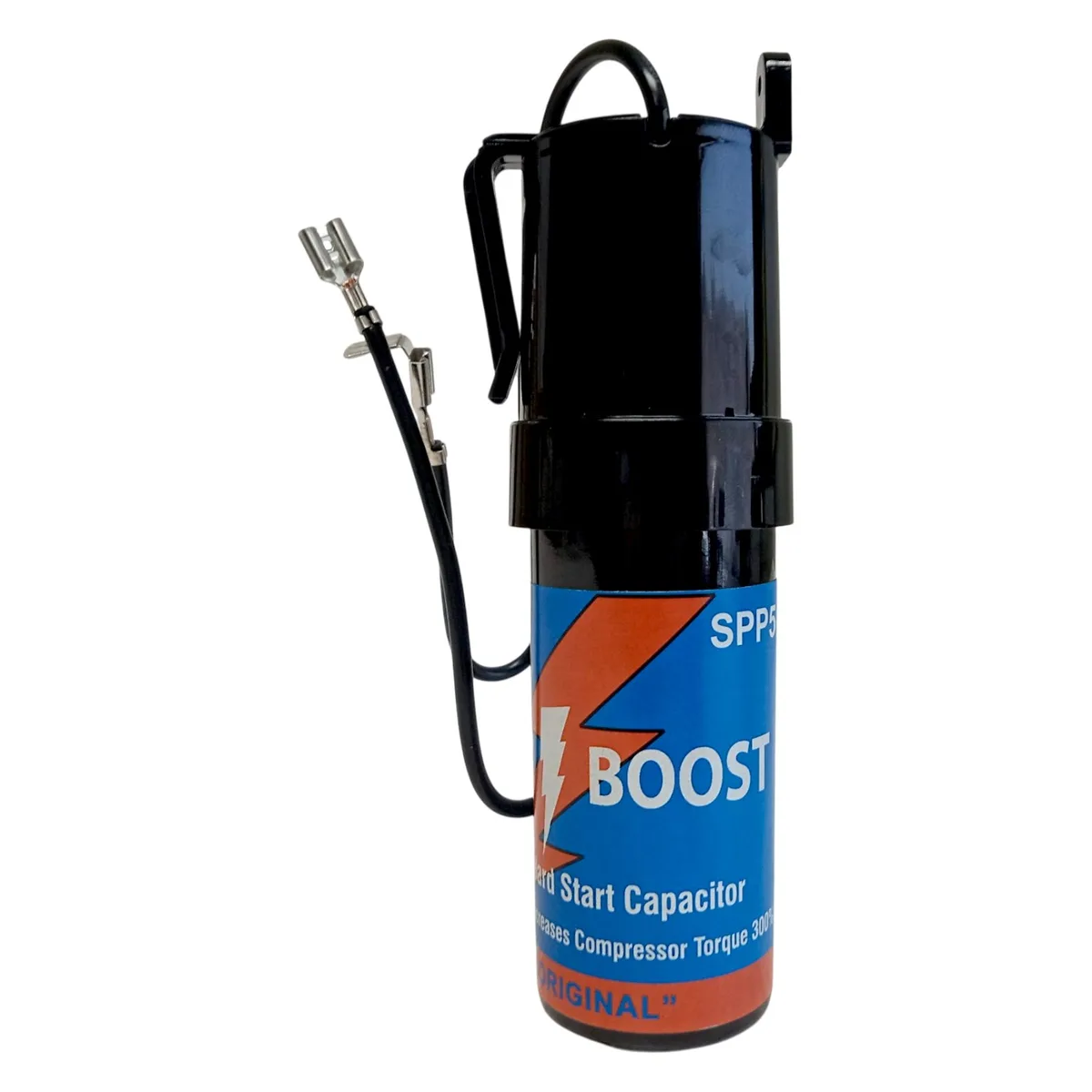 Small rectangular HVAC hard-start kit, black plastic housing with two wire terminals