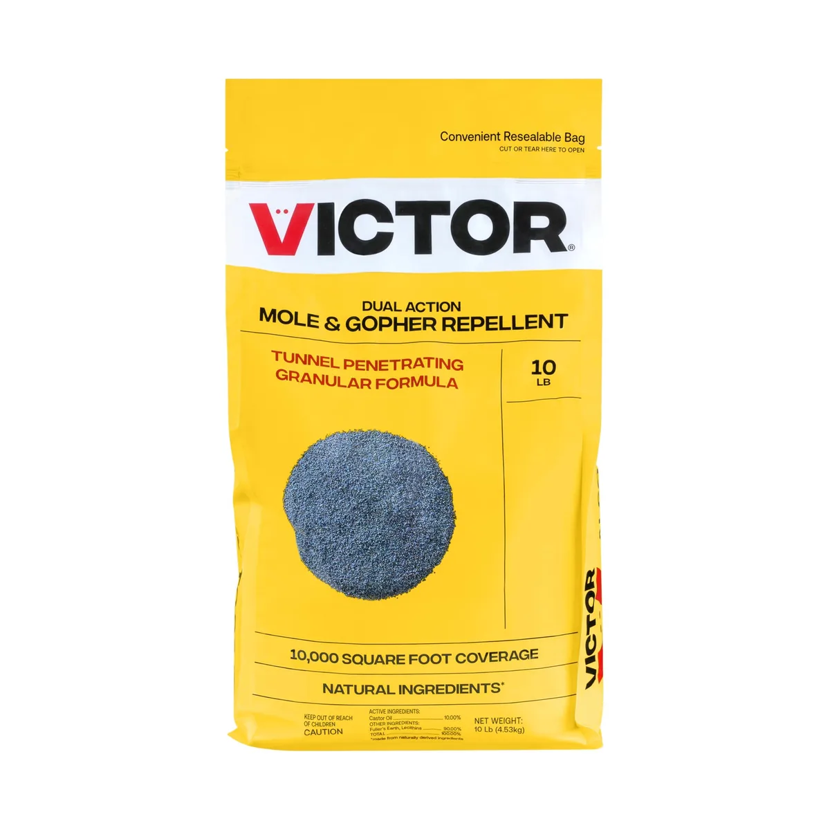 Resealable 10 lb bag of castor oil granules for mole and gopher repellent