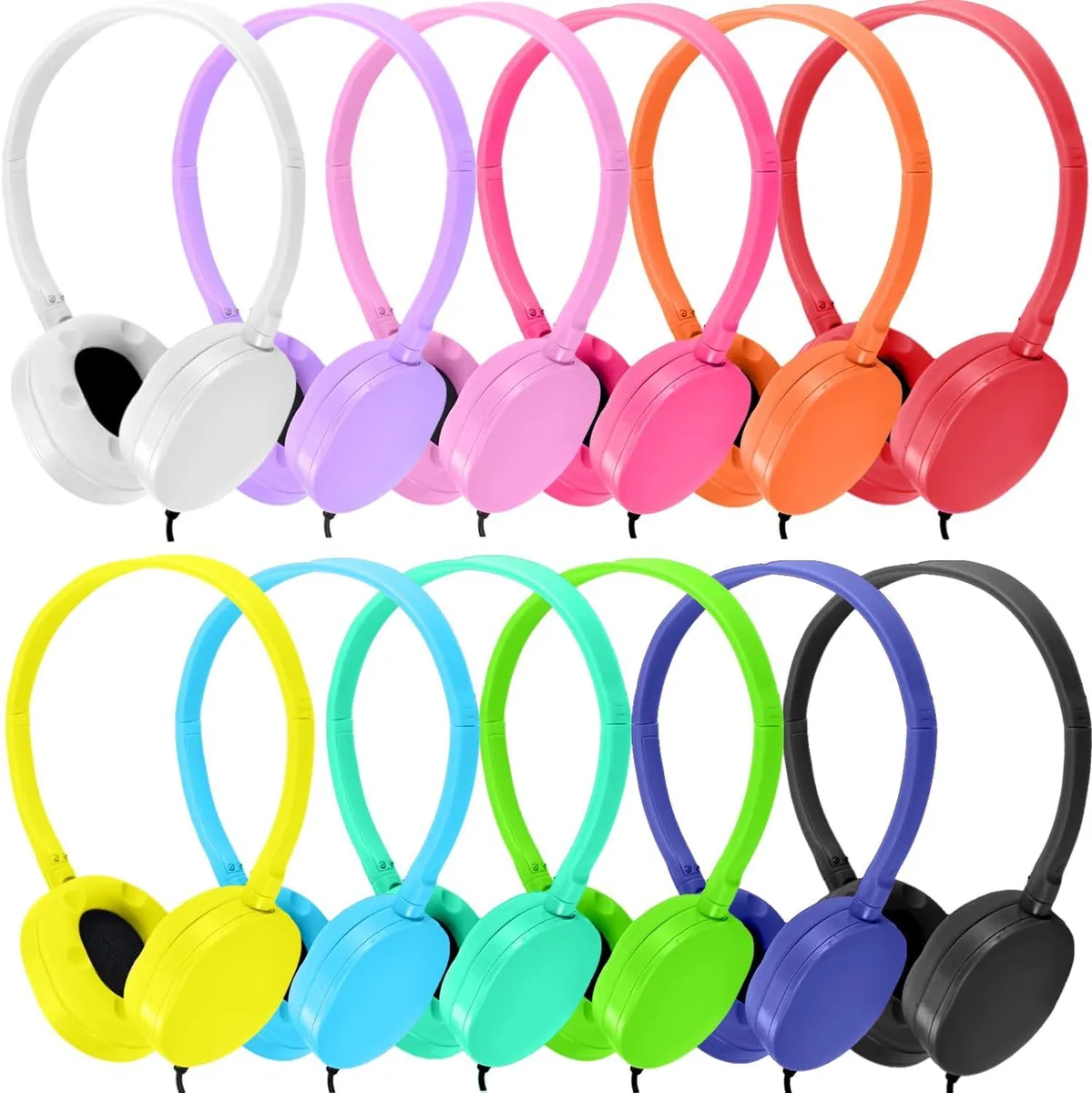 Twelve wired headphones in assorted bright colours with 3.5 mm plugs