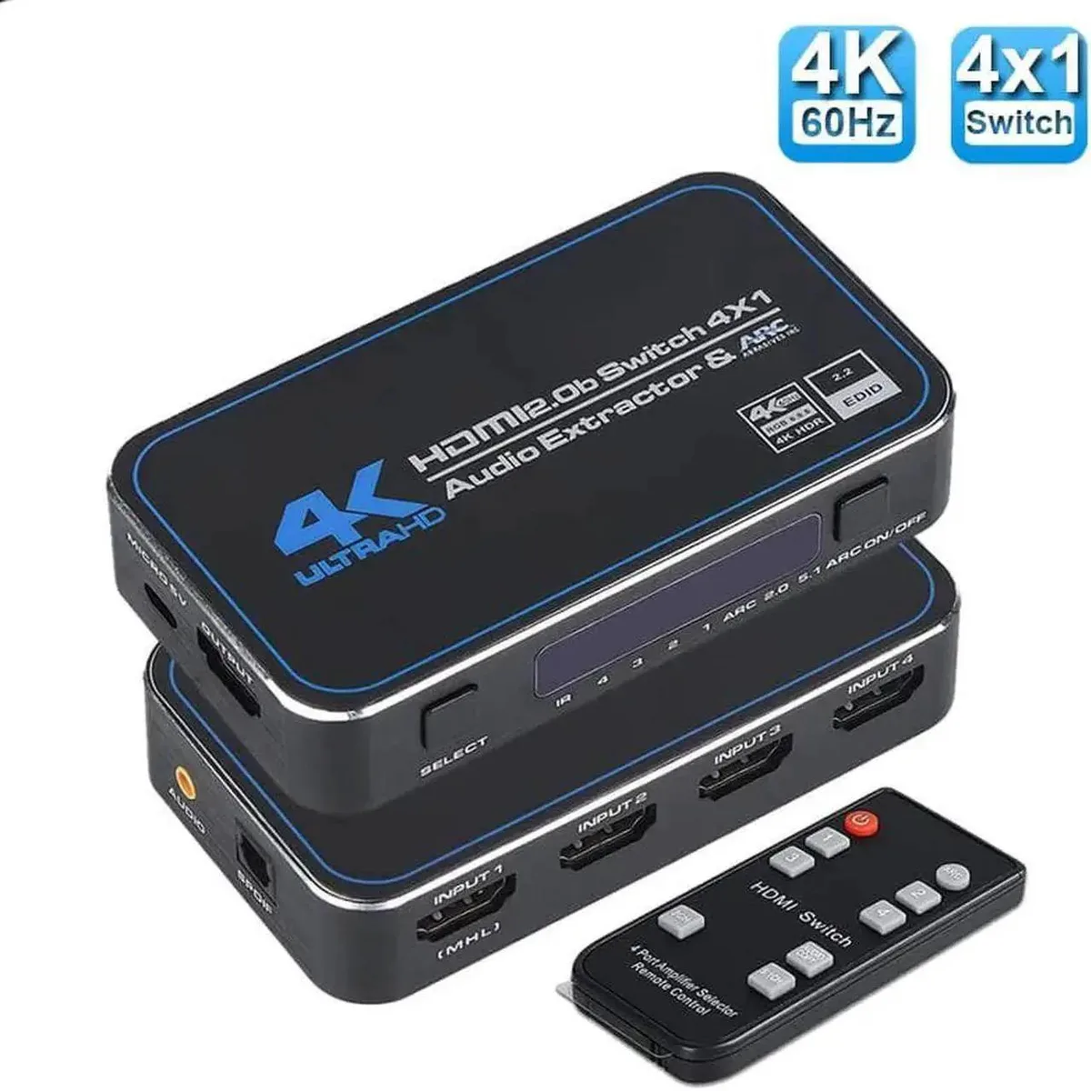 SMUGDESK SMUGDESK OZQ4 4×1 HDMI 2.0b Switch Audio Extractor 4K@60Hz HDR10 HDCP2.2 SPDIF 3.5mm IR Remote — product photo