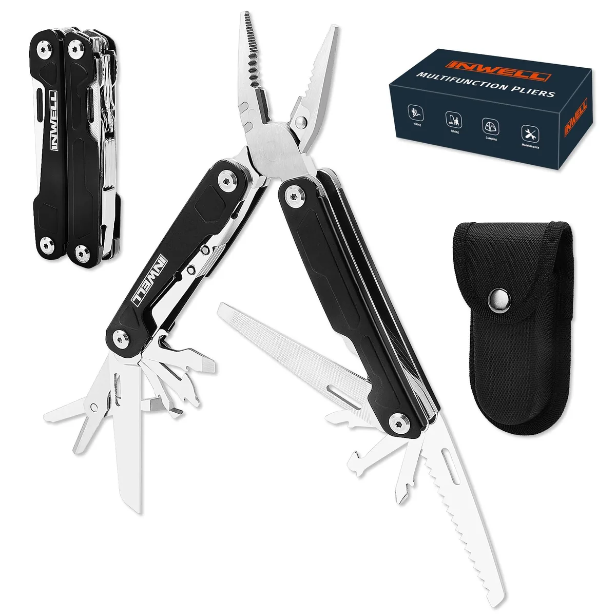 Twelve black stainless-steel multitool pliers folded to 3.94 inches with safety lock
