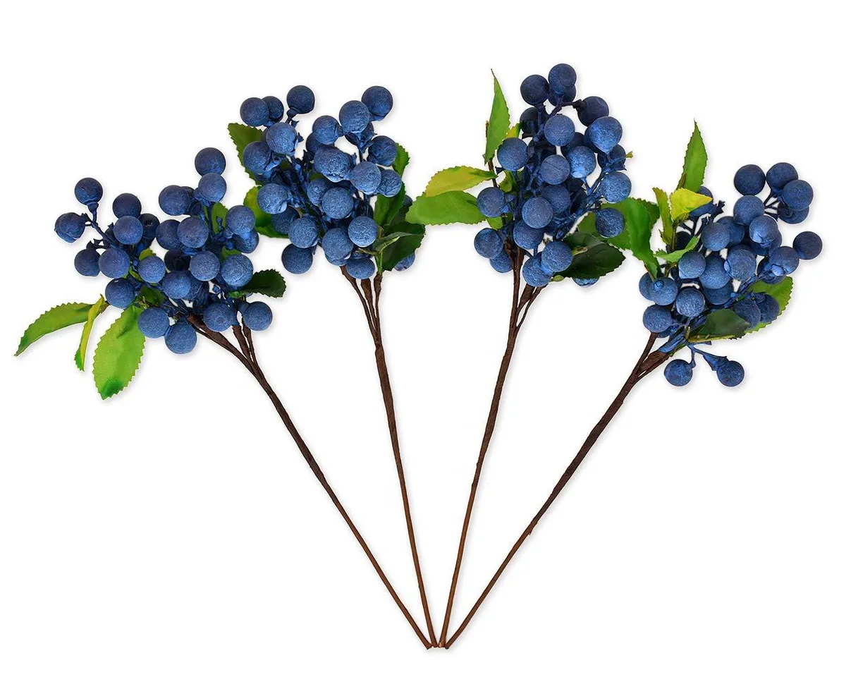Four blue artificial berry stems with green leaves, 26 cm long, polyester foam and wire, bundled in a box