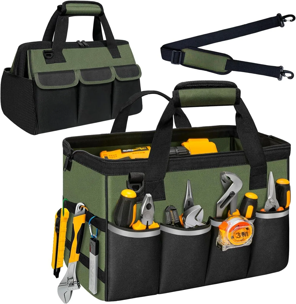 Army green and black tool storage bag with 14 pockets, wide mouth, padded handles and adjustable shoulder strap
