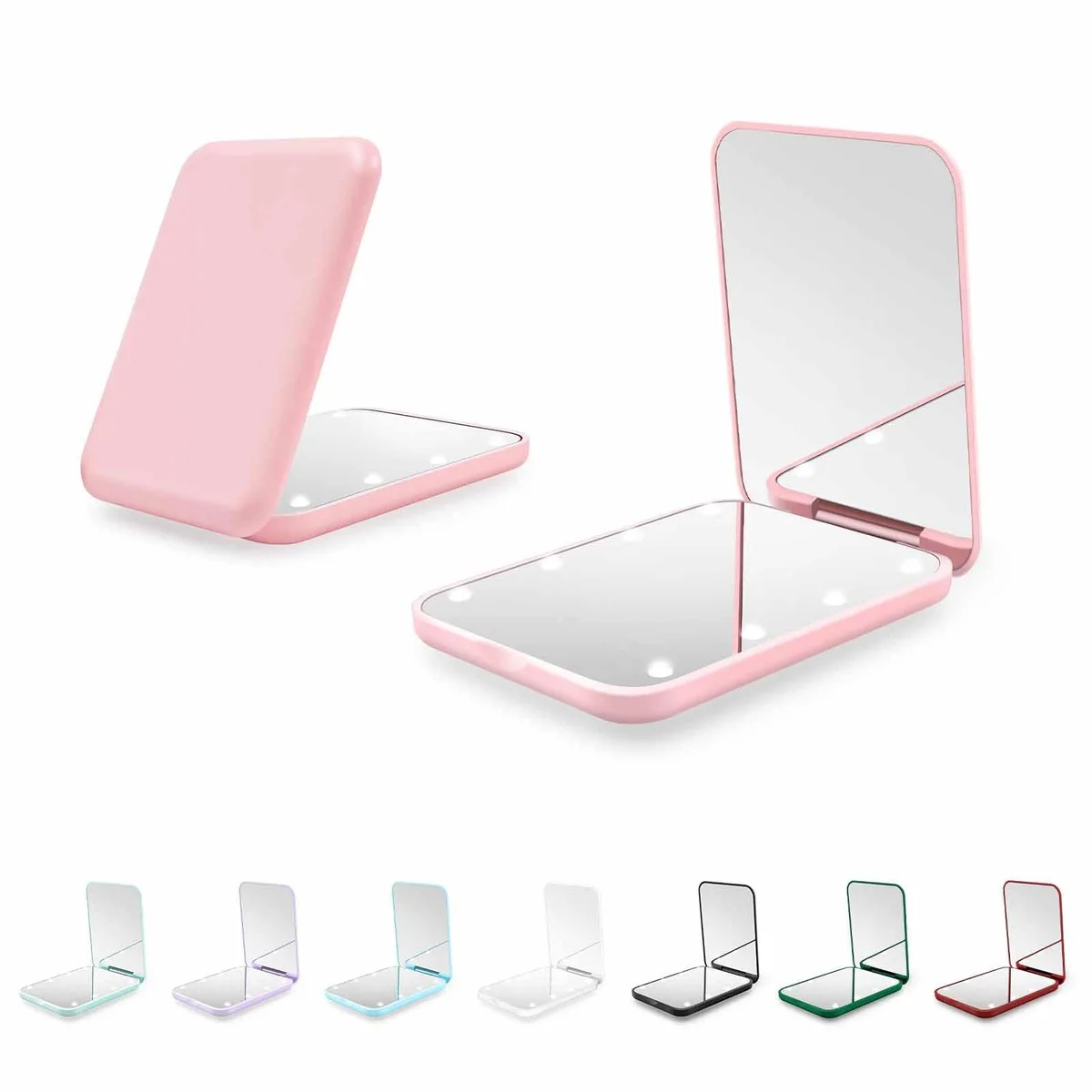 Pink rectangular compact mirror 3.1 inches with LED lights