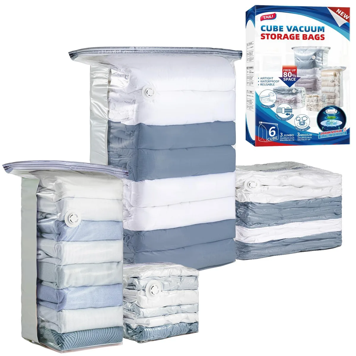 Six cream nylon vacuum storage bags, three large cubes and three medium cubes, stacked together