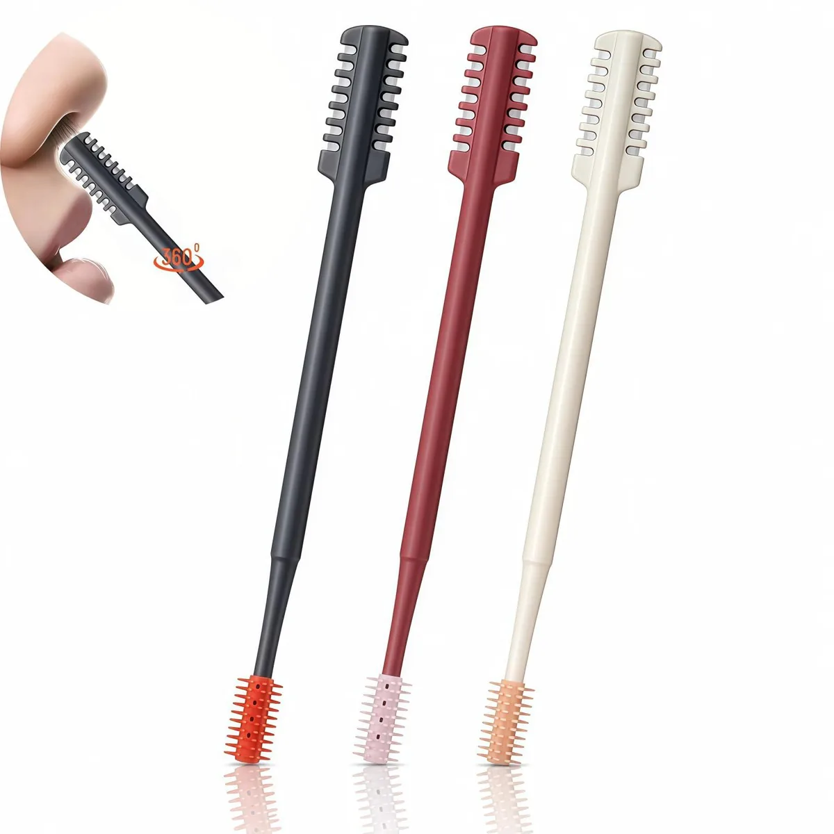 Three compact nasal hair trimmers in black finish, pen-shaped with textured grips and rotating heads