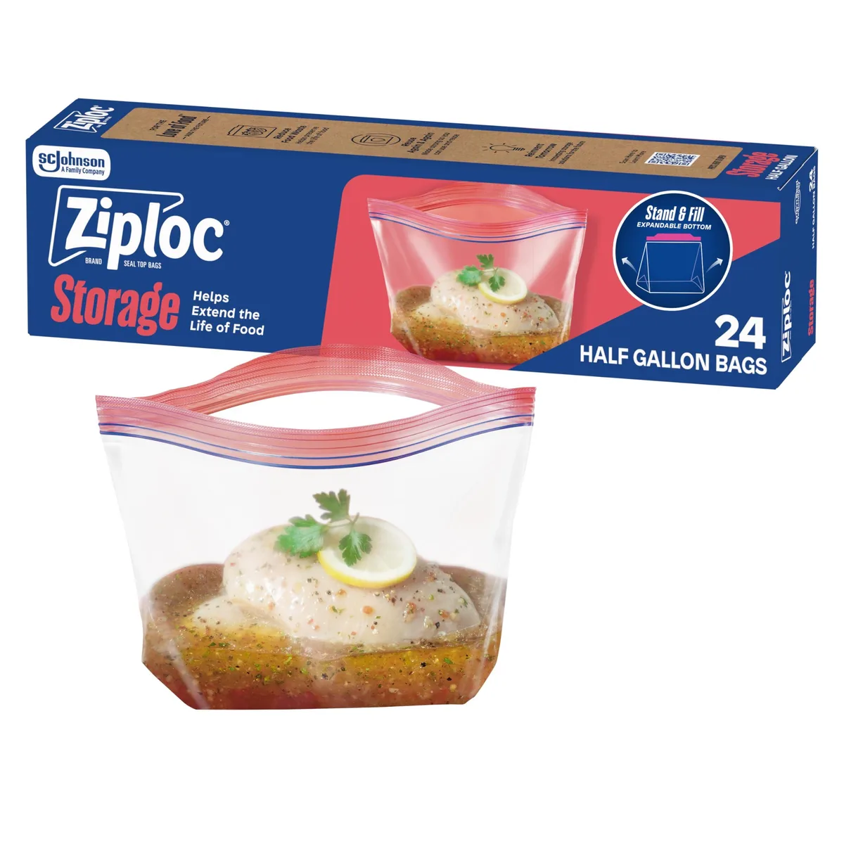 Clear plastic half-gallon marinade bags with zipper seal, pack of 24