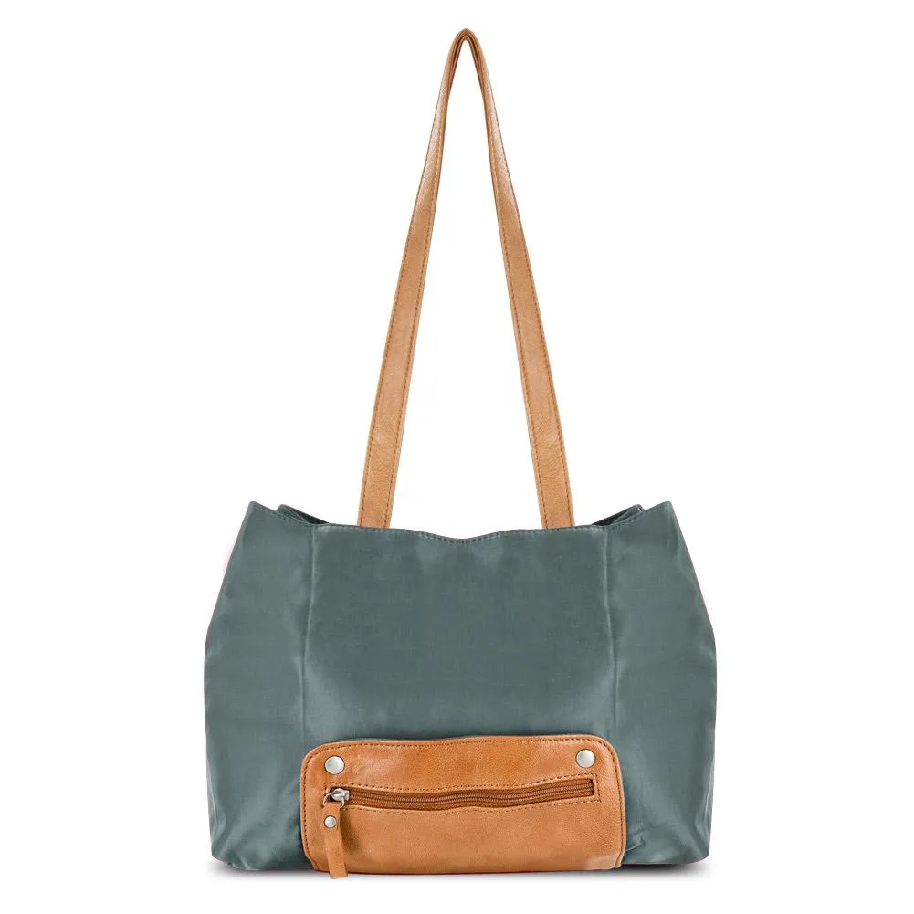 Gray nylon mini tote with leather trim, dual handles, foldable design