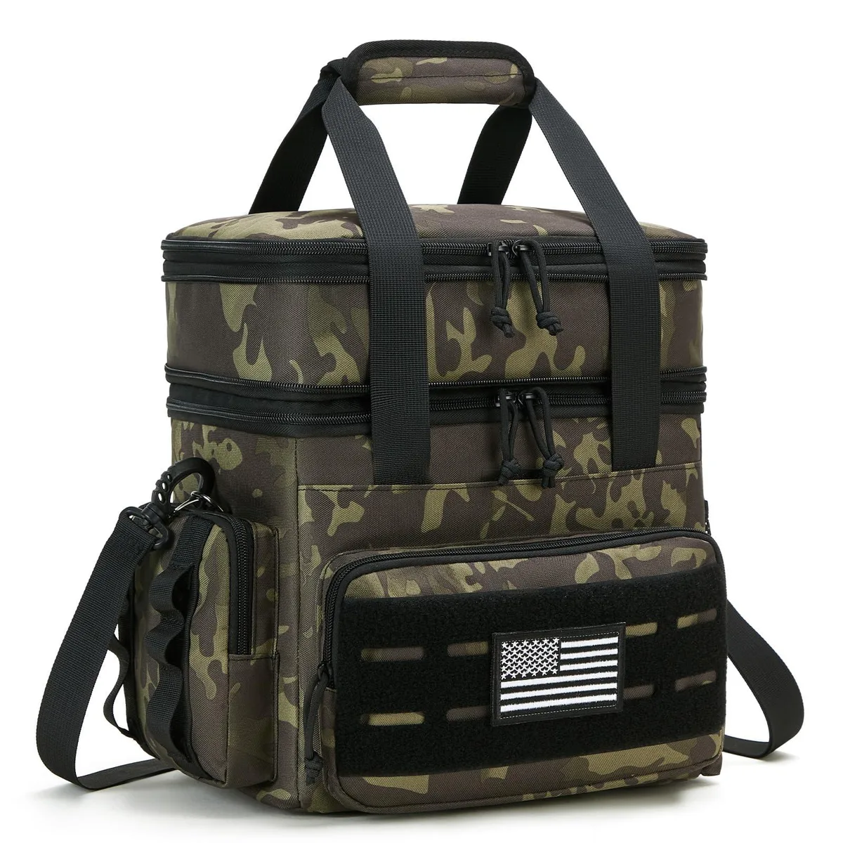 Camo insulated lunch bag with Molle webbing, expandable main compartment and multiple pockets