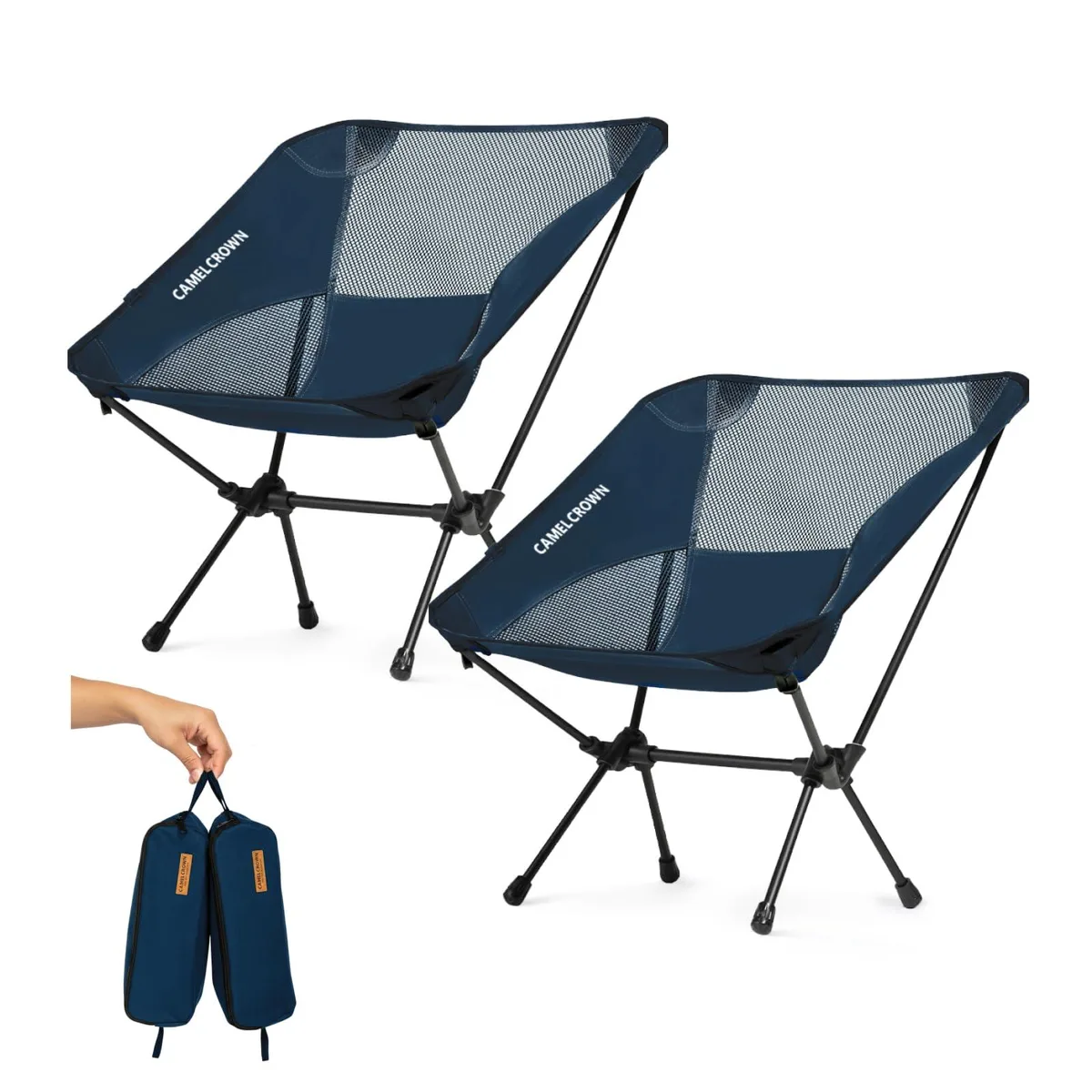 Two folded navy-blue camping chairs with aluminum frames and mesh seats shown side by side