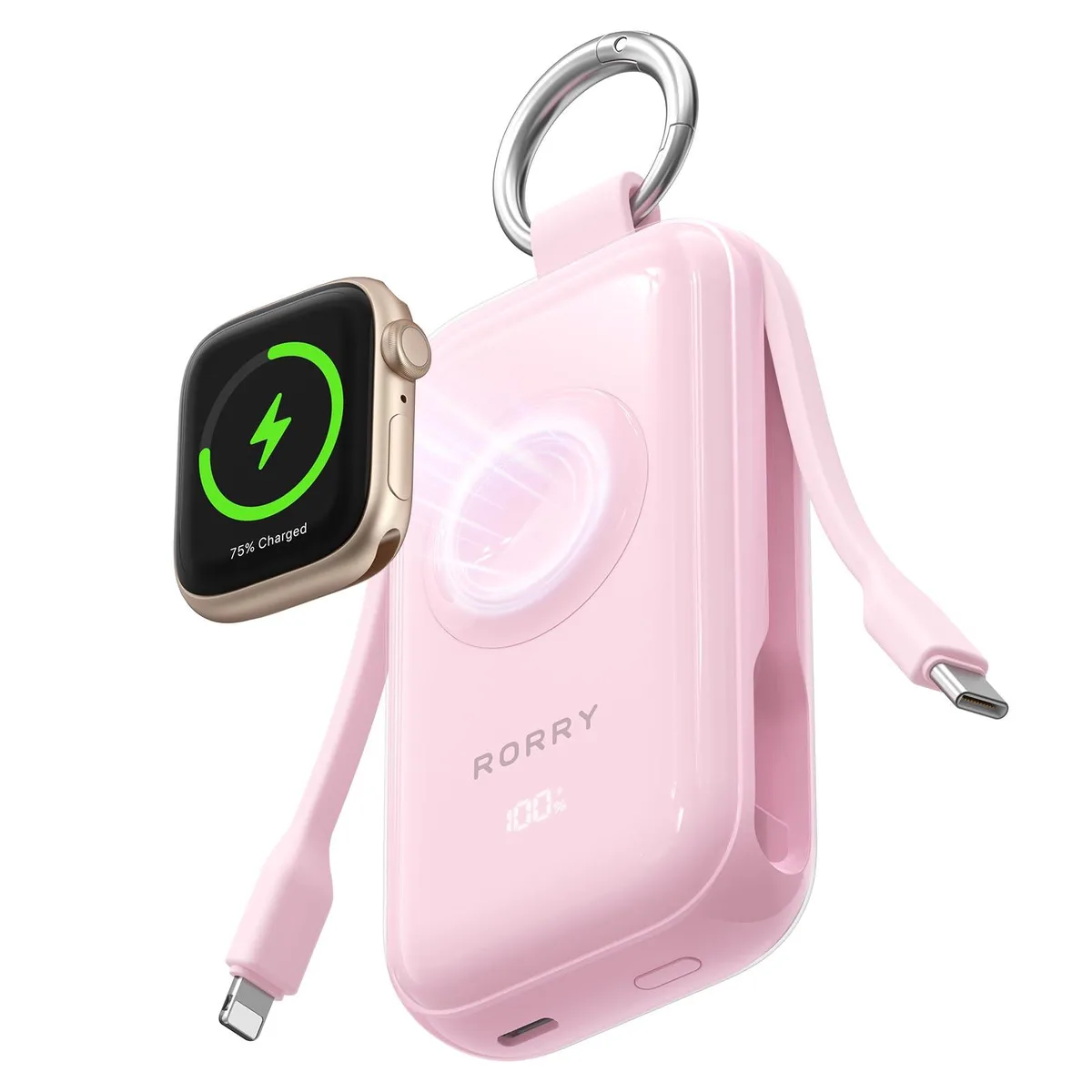 Rose Quartz power bank with built-in cables and digital display