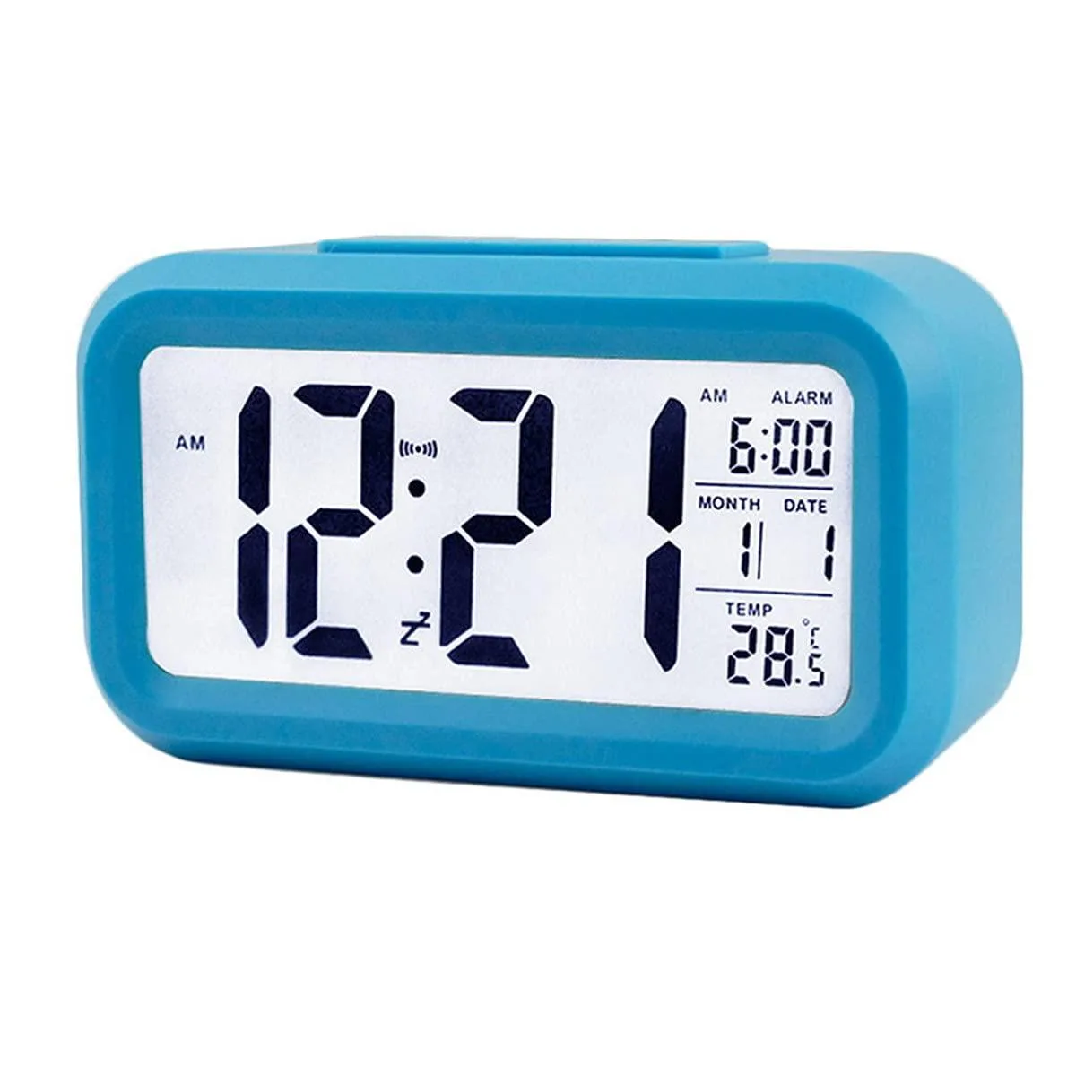 Blue rectangular digital alarm clock with LCD display, 135x75x45mm