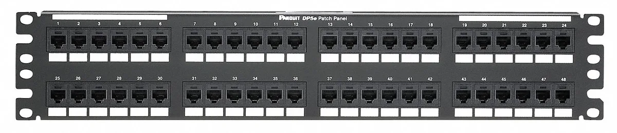 Flat 19-inch steel patch panel with 48 110 ports