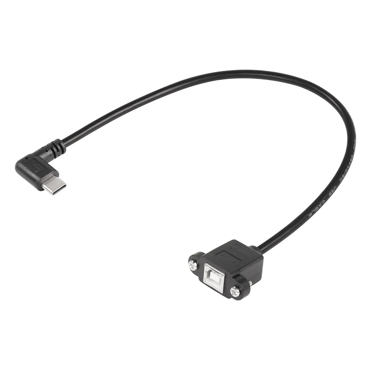 Short black USB-C to USB-B panel-mount cable with screw holes, .3 m