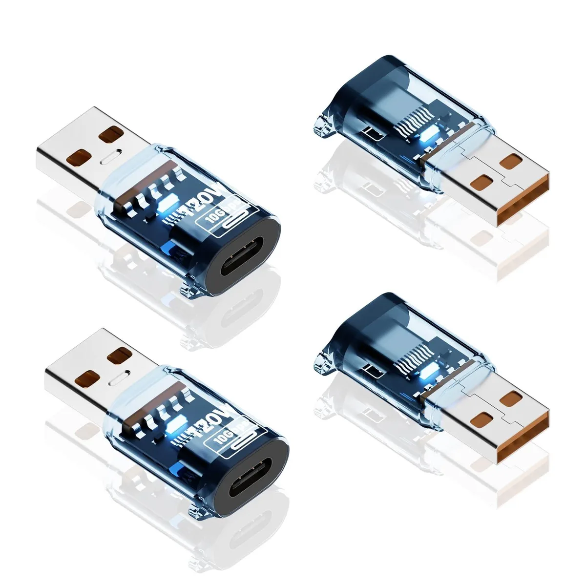 Poyiccot USB-C Female to USB-A Male Adapter 4-Pack Transparent Blue 10Gbps 120W — product photo