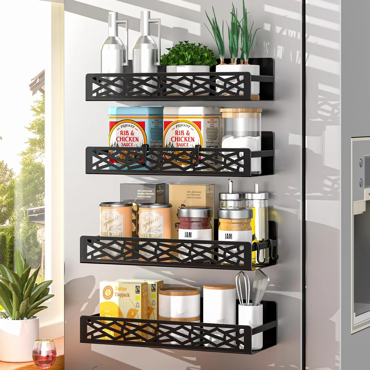 Red magnetic two-tier spice rack with hooks, 34" wide