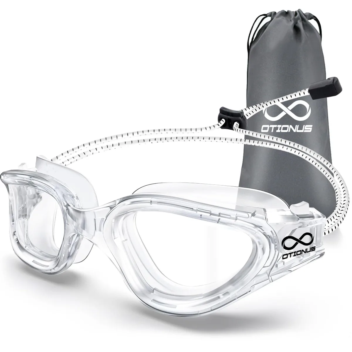 Clear polarized swim goggles with bungee strap, small fit