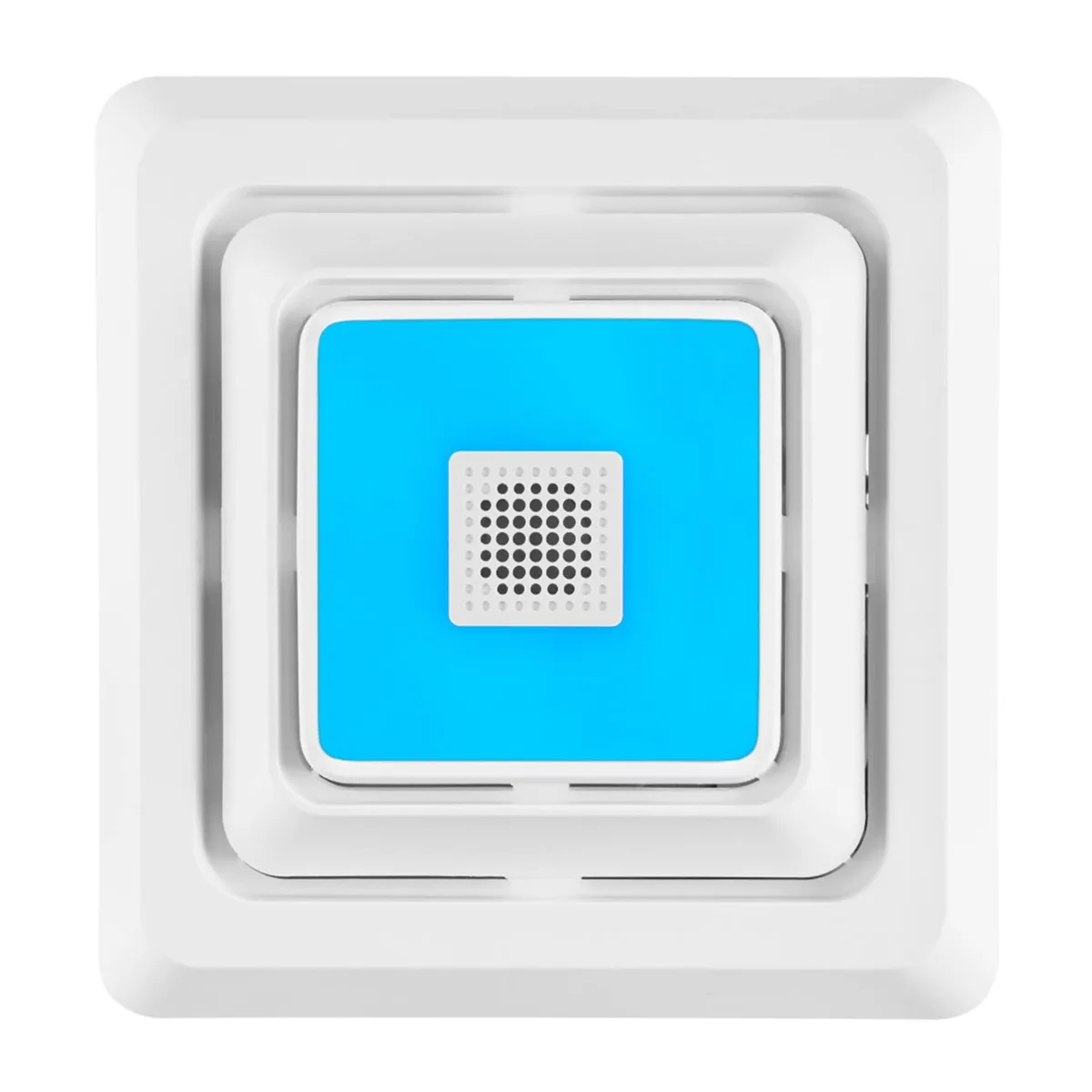 Bright white rectangular bath fan cover with integrated LED light and Bluetooth speaker, 10.25 by 9.75 inches