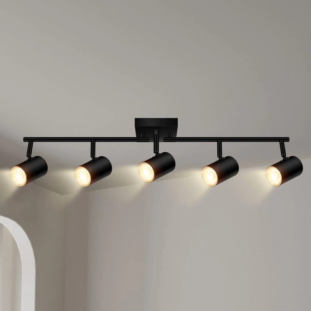 Matte black five-light track kit with adjustable metal heads on a 29.72 inch linear rail