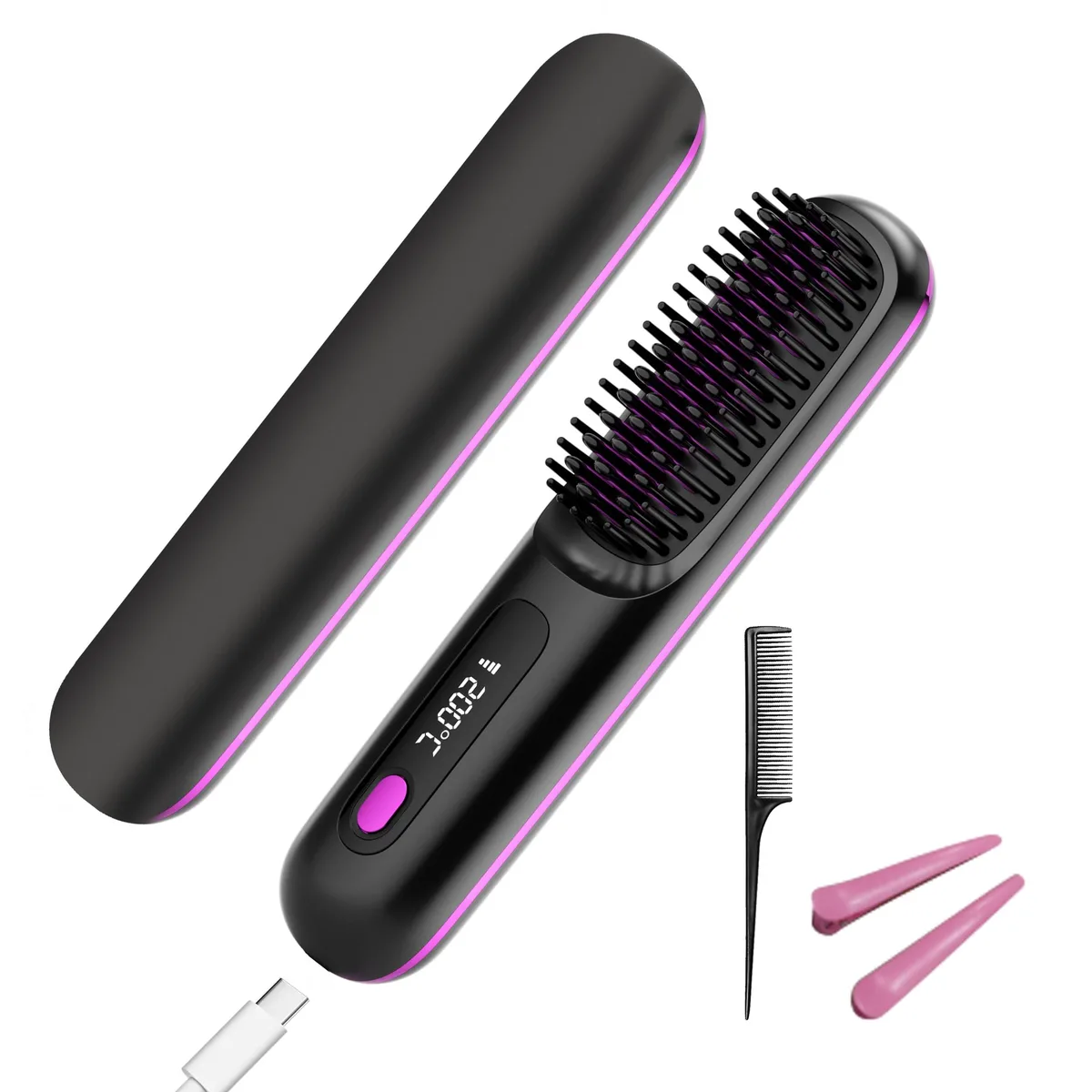 Black cordless hair straightener brush with LCD display and comb teeth