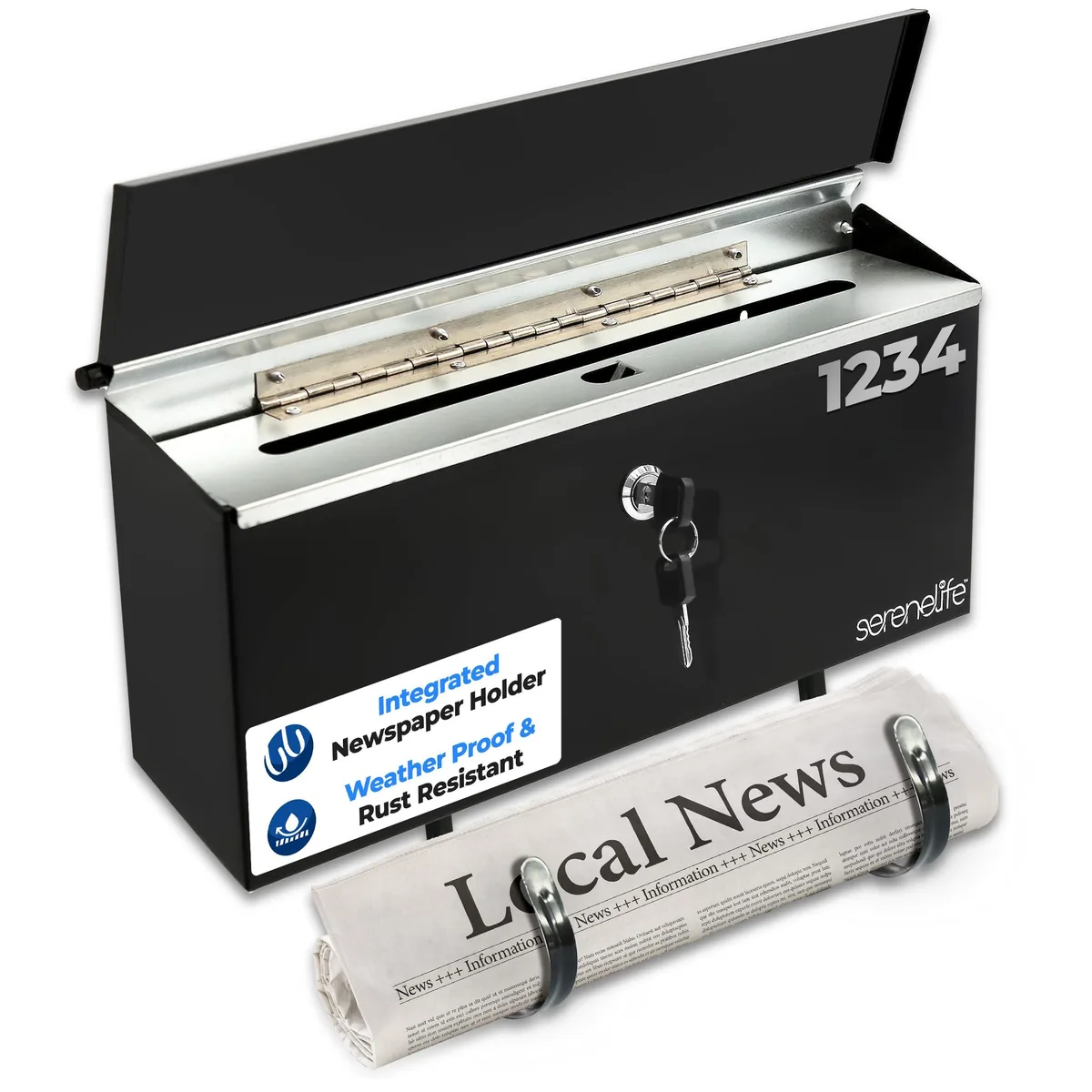Black rectangular wall-mounted mailbox with front flap lock and lower newspaper holder